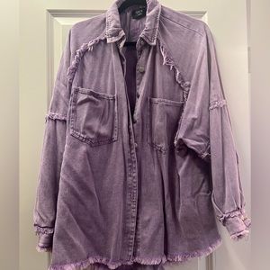 Vici purple denim fringe shacket